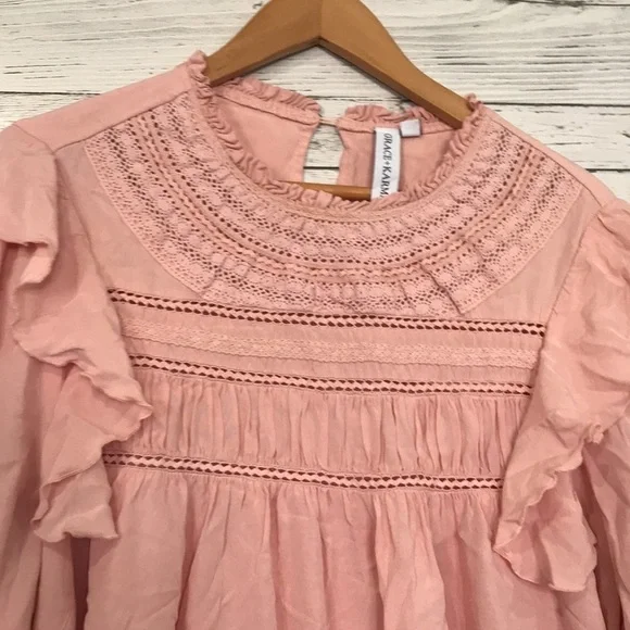 Grace + Karma ruffle crochet babydoll bohemian shirt size L loose fit pink - Picture 3 of 11